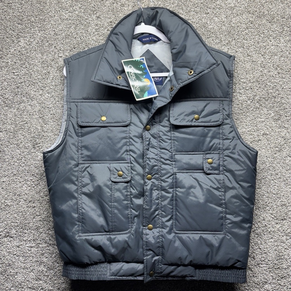 Ozark Trail Vintage Mens Medium Puffer Vest Gray Button Multi-Pocket Fishing NWT